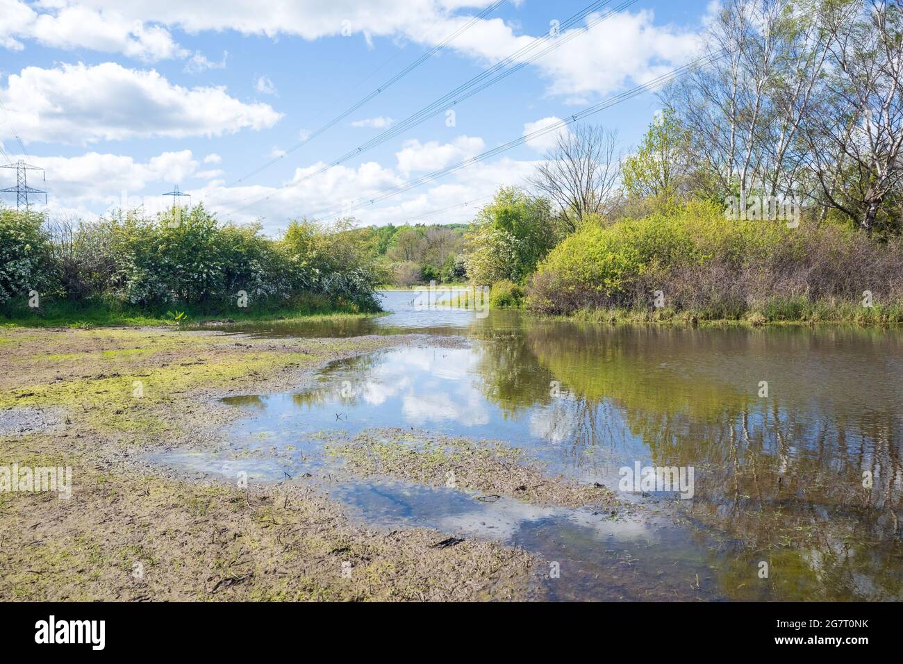 Newburn Royaume-Uni: 24 mai 2021: Terres agricoles inondées au récif de Throckley (Reigh), dans le nord de l'Angleterre. Terrain inondé de pylônes électriques Banque D'Images