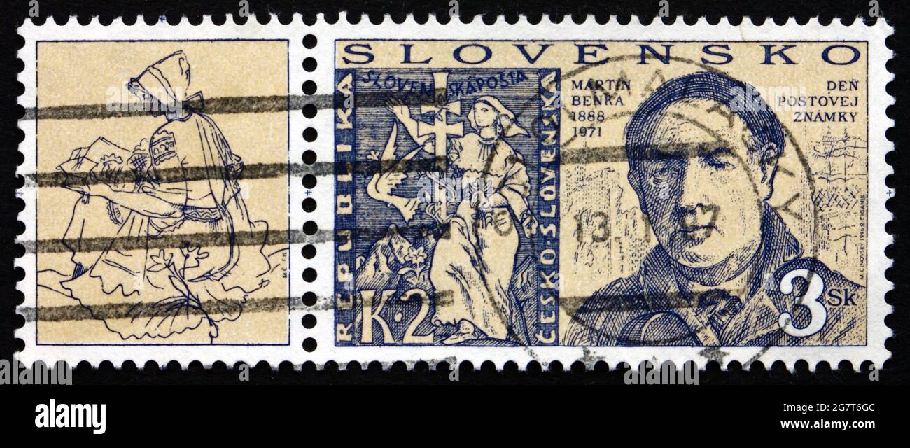SLOVAQUIE - VERS 1996 : un timbre imprimé en Slovaquie montre Martin Benka, concepteur de timbres, vers 1996 Banque D'Images