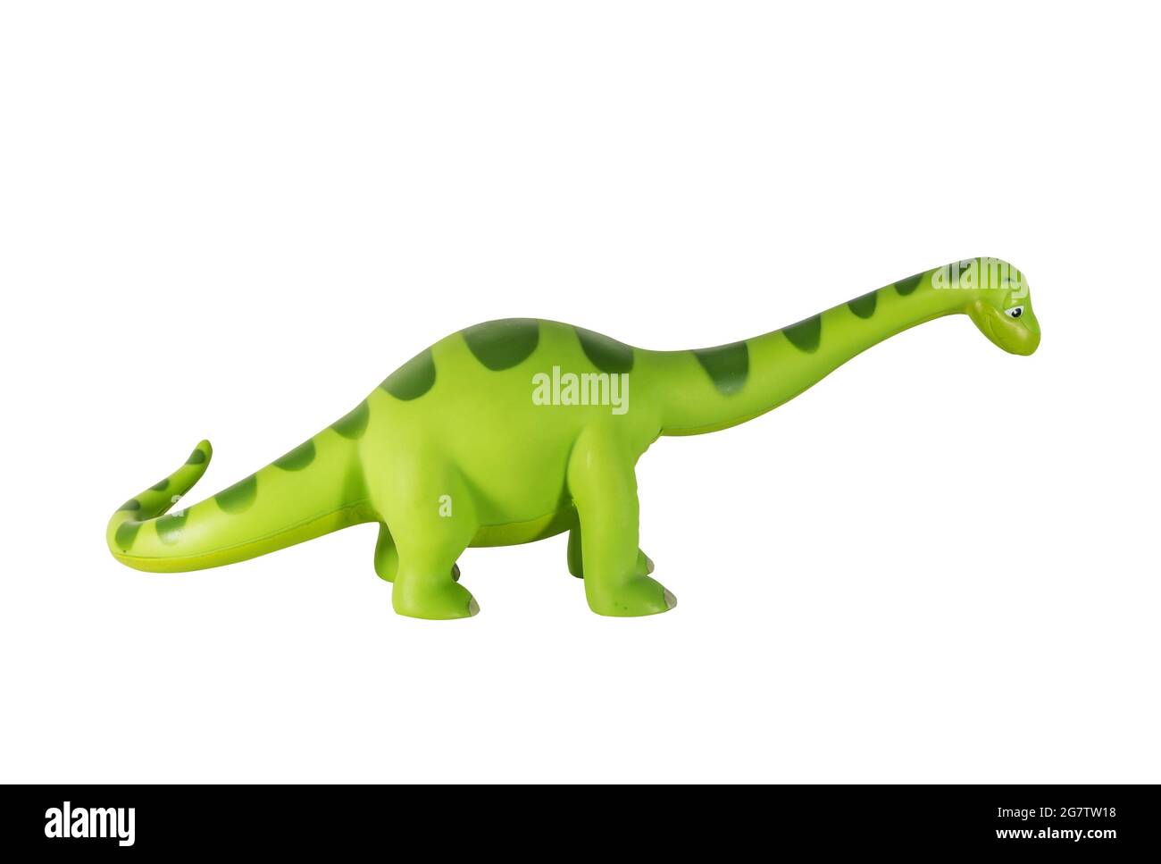 Jouet de dinosaure vert en plastique, Brontosaurus isolé sur fond blanc Banque D'Images