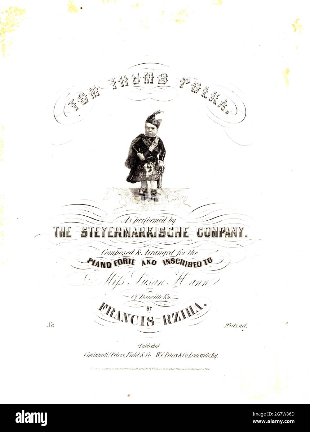 Yom Thumb Polka.,1848 partitions lithographiées avec le portrait du général Tom Thumb de Barnum & Bailey en costume celtique. Banque D'Images