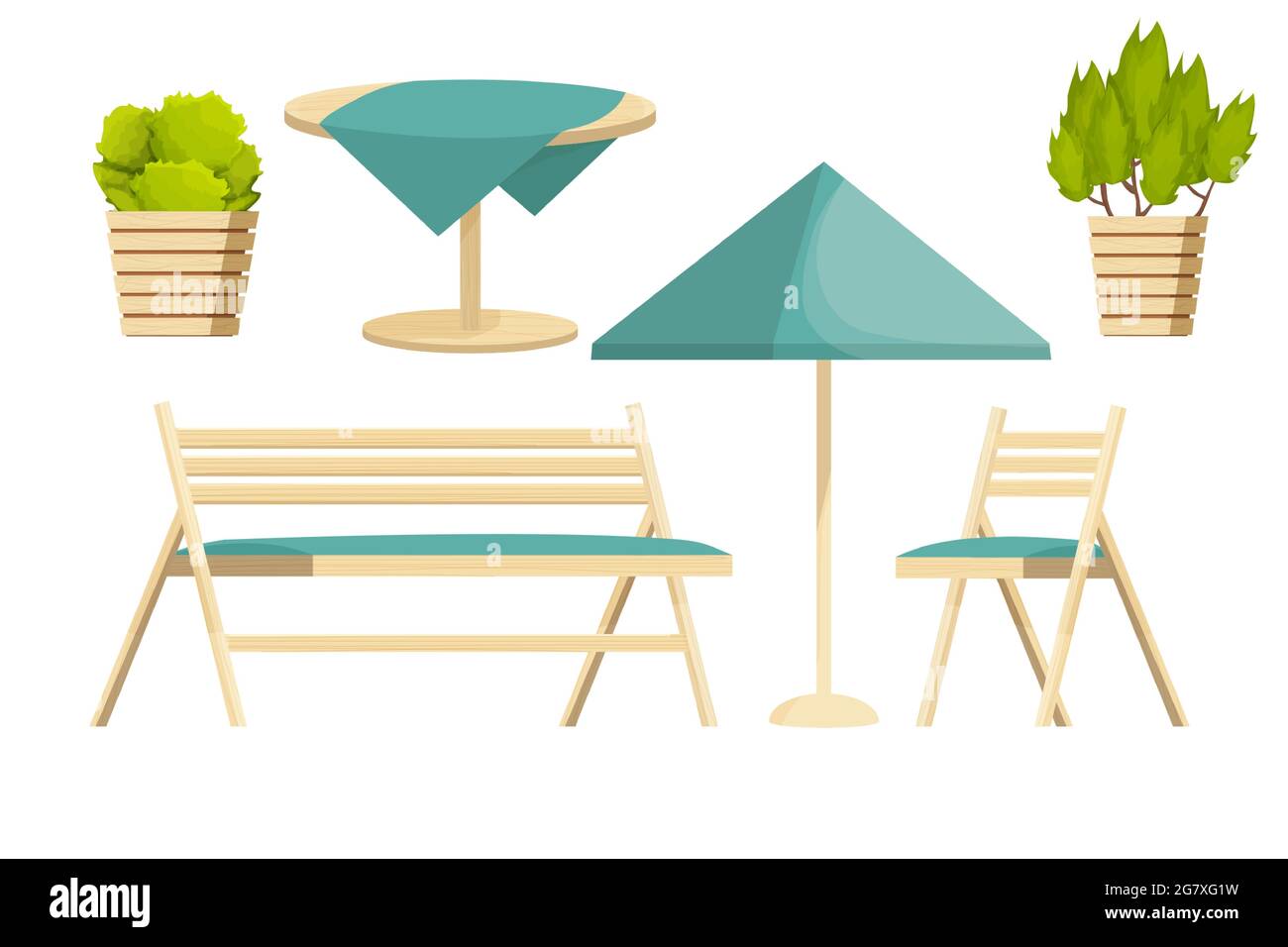 Ensemble de meubles de jardin chaise, banc en bois, table avec nappe et plantes dans le style de dessin animé isolé sur fond blanc. Collection de luxe, loisirs sur le patio. Illustration vectorielle Illustration de Vecteur