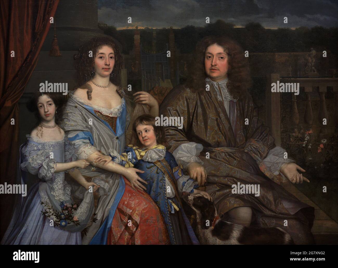 Sir Robert Vyner, 1er Baronet (1631-1688). Goldsmith et banquier. Lord Mayor de Londres en 1674. 'La famille de Sir Robert Vyner'. Le tableau montre Sir Robert et son épouse Mary (d. 1674), Bridget Hyde (1662-1734) (duchesse de Leeds), fille du premier mariage de Lady Vyner, et de leur seul fils Charles Vyner (1666-1688). Portrait de John Michael Wright (1617-1694). Huile sur toile (144,8 x 195,6 cm), env. 1673. Musée national du portrait. Londres, Angleterre, Royaume-Uni. Banque D'Images
