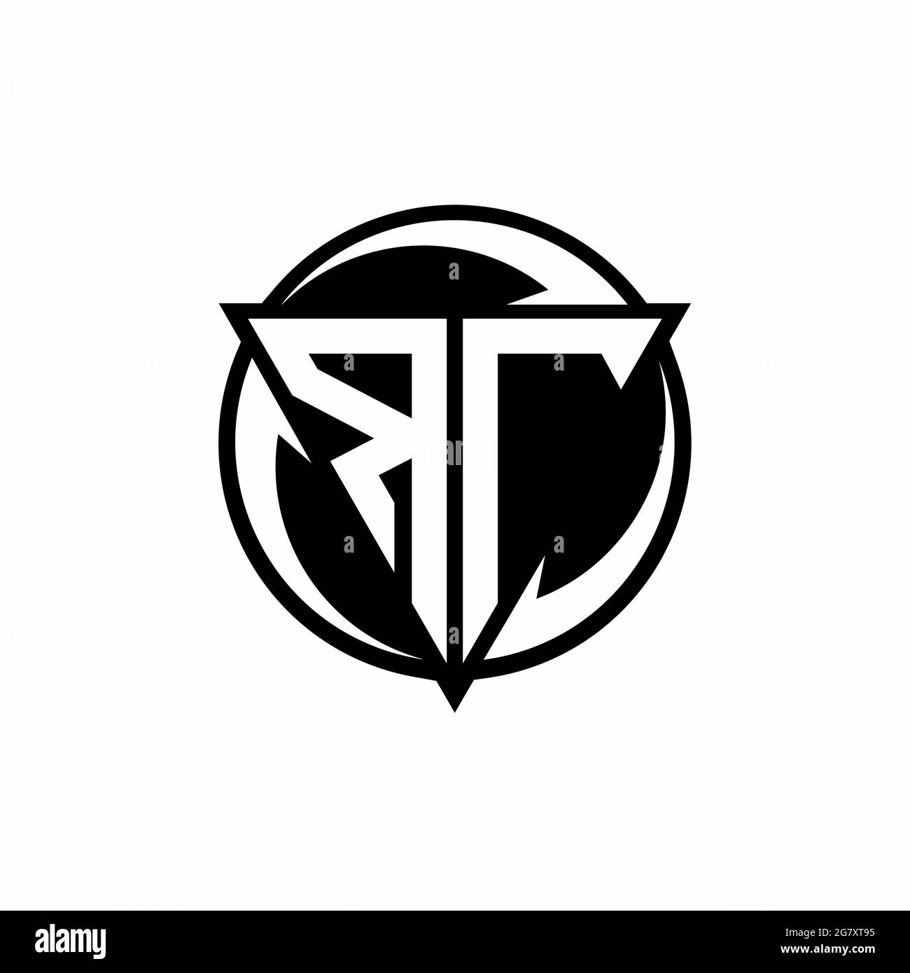 Logo RT avec forme triangulaire et modèle de forme arrondie circulaire isolé sur fond blanc Illustration de Vecteur