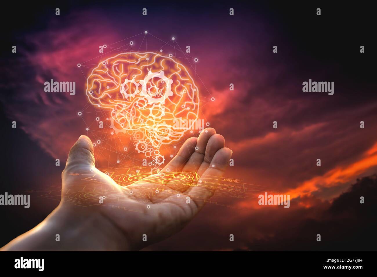 Un homme avec une réaction dans le cerveau concept de cerveau mécanique Banque D'Images