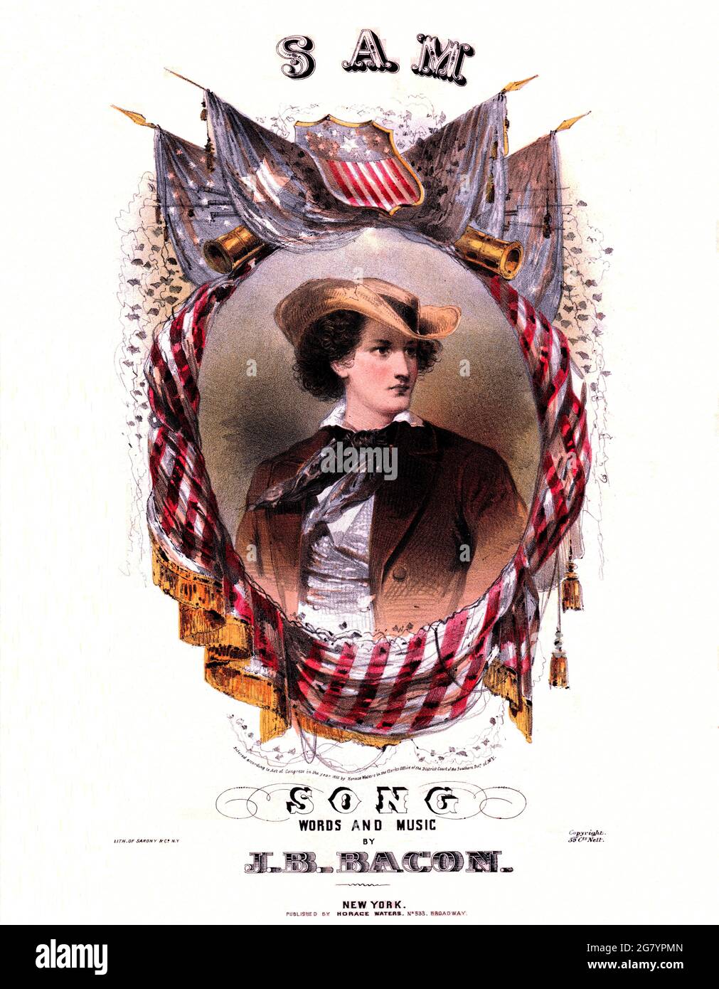 Sam, 1855 ne sais rien partitions musique avec lithographie de couleur d'un jeune homme en costume de dapper et chapeau représentant un oncle moderne Sam.. Banque D'Images