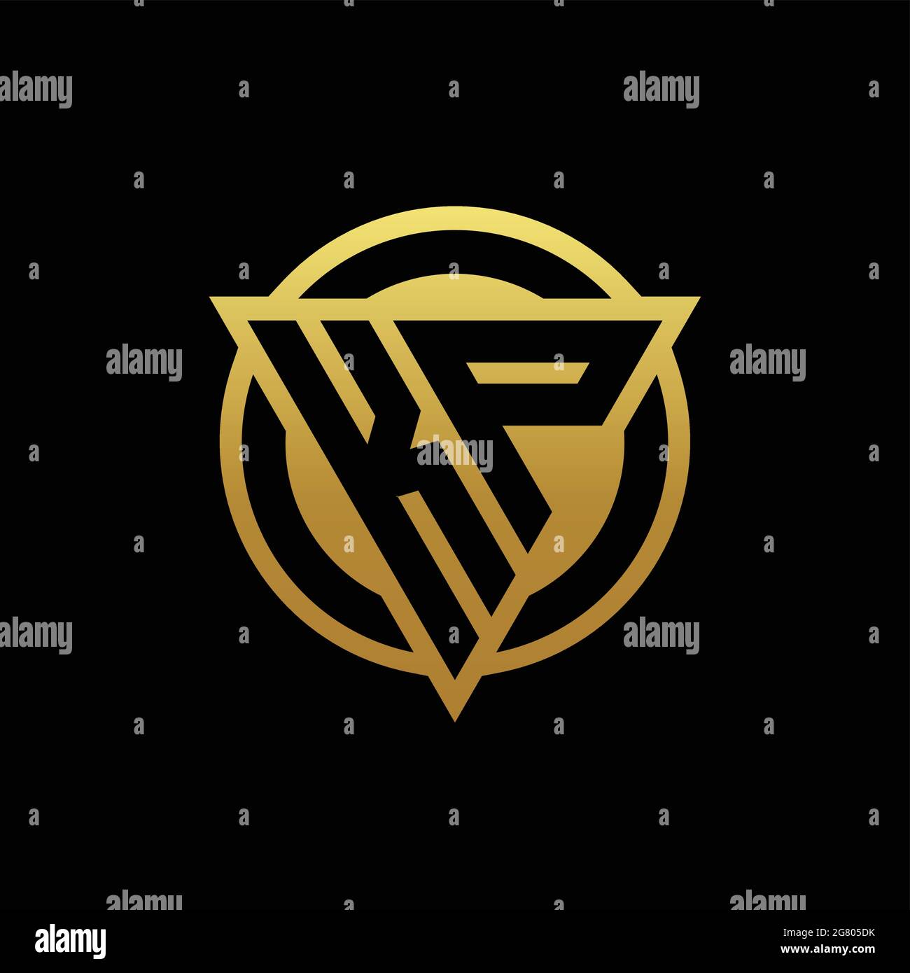 Monogramme avec logo KP de forme triangulaire et cercle de style arrondi isolé sur des couleurs or et fond noir modèle de conception Illustration de Vecteur
