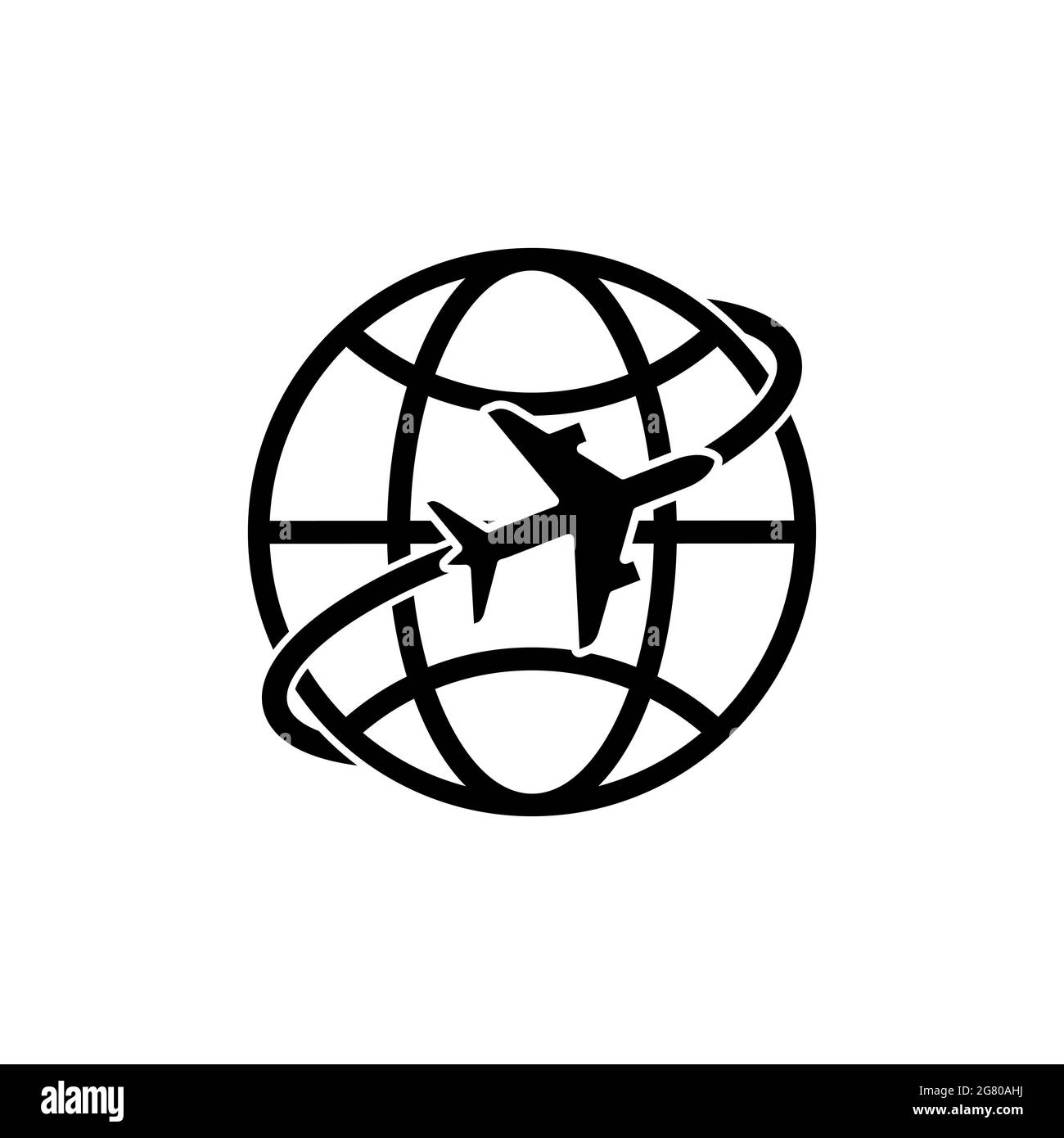 Avion autour du globe emblème noir. Symbole du tourisme mondial. Icône avion volant autour de la terre. Illustration. Banque D'Images