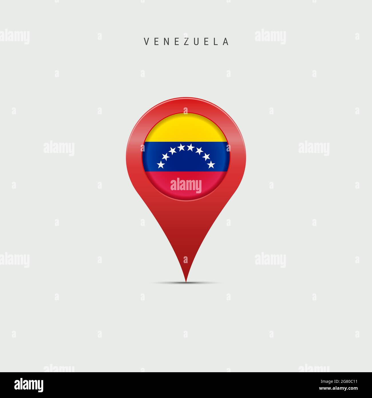 Marqueur cartographique en forme de goutte avec drapeau du Venezuela. Drapeau vénézuélien inséré dans la broche de la carte de localisation. Illustration isolée sur fond gris clair. Banque D'Images