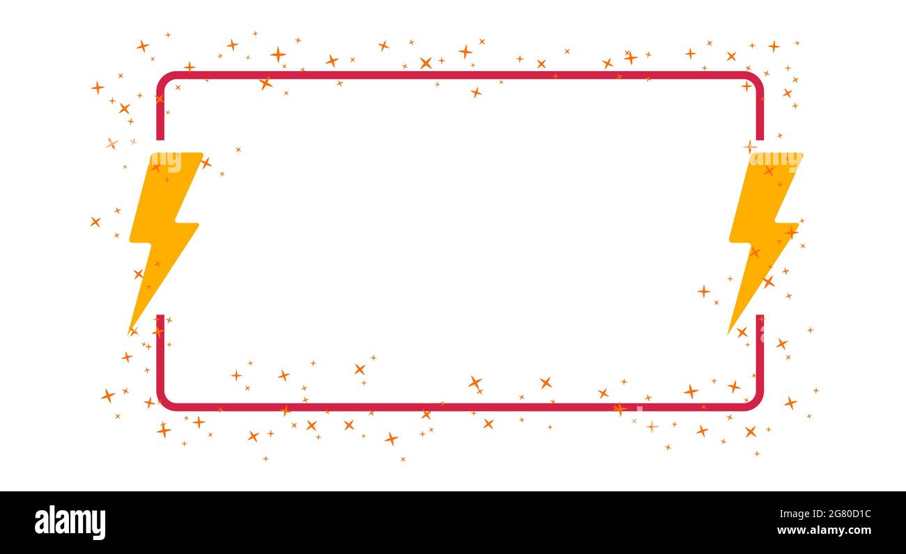 Panneau d'avertissement attention, cadre d'informations chaudes avec foudre, boulons de lumière. Effet magique. Zone de texte vide, bulle vocale ou cadre de citation. Illustration isolée. Banque D'Images