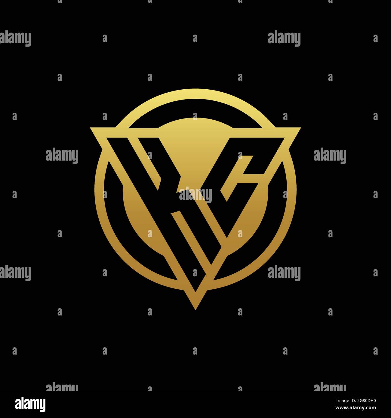 Monogramme avec logo KC de forme triangulaire et cercle de style arrondi isolé sur des couleurs or et fond noir modèle de conception Illustration de Vecteur