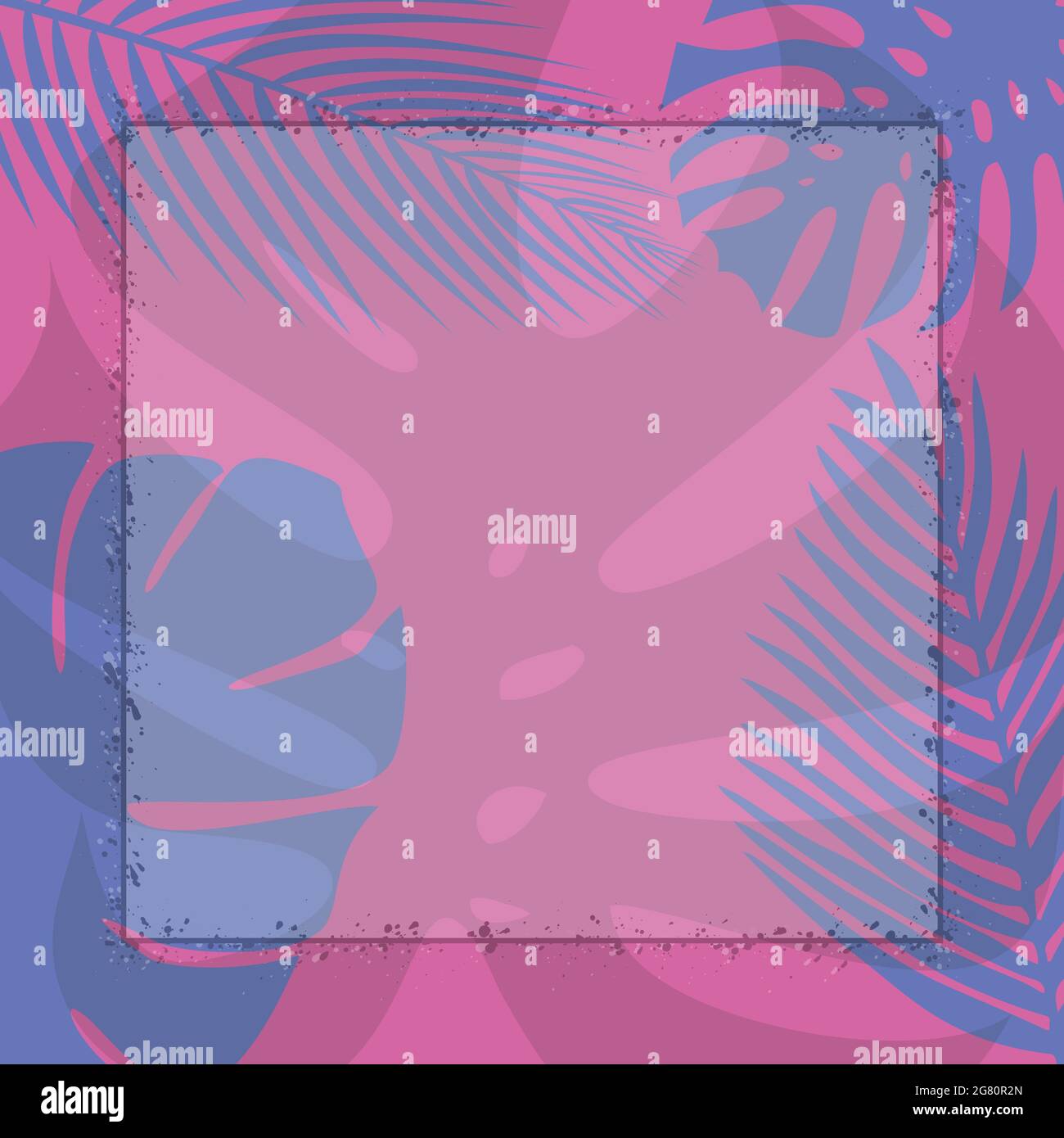 fond d'été rose et bleu avec feuilles tropicales, modèle de carte de vœux, illustration vectorielle Illustration de Vecteur