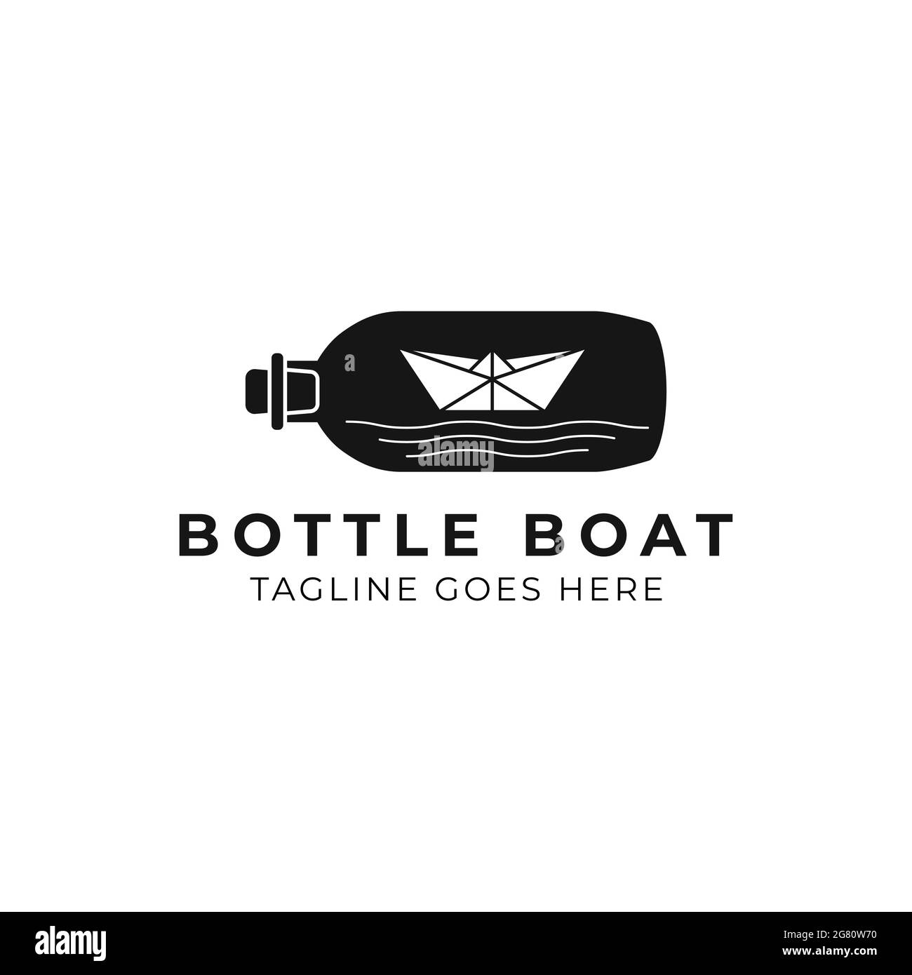 Logo bateau en papier flottant dans une bouteille avec vagues Illustration de Vecteur