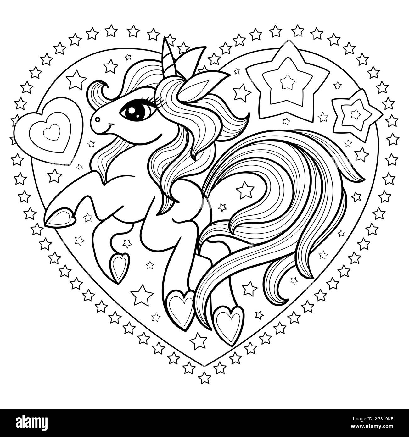 Dessin animé unicorn et coeur. Image linéaire noir et blanc. Vecteur Illustration de Vecteur