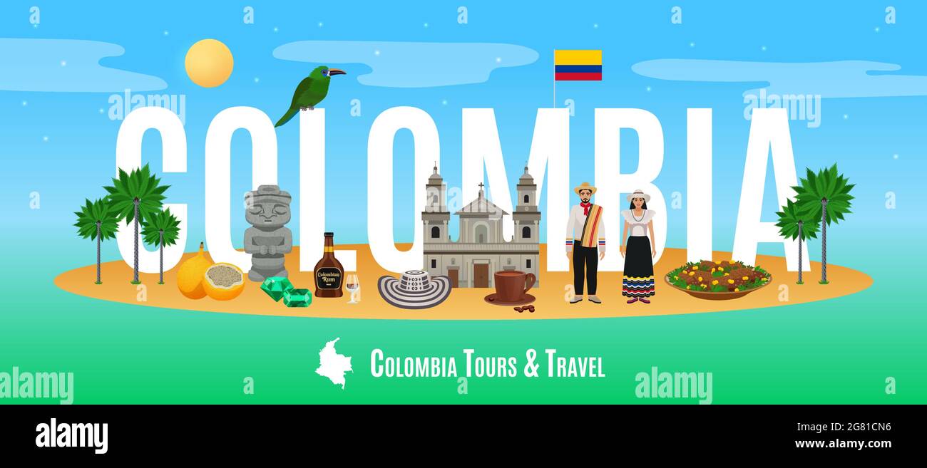 Colombie concept touristique avec des visites et Voyage offre des symboles illustration de vecteur plat Illustration de Vecteur