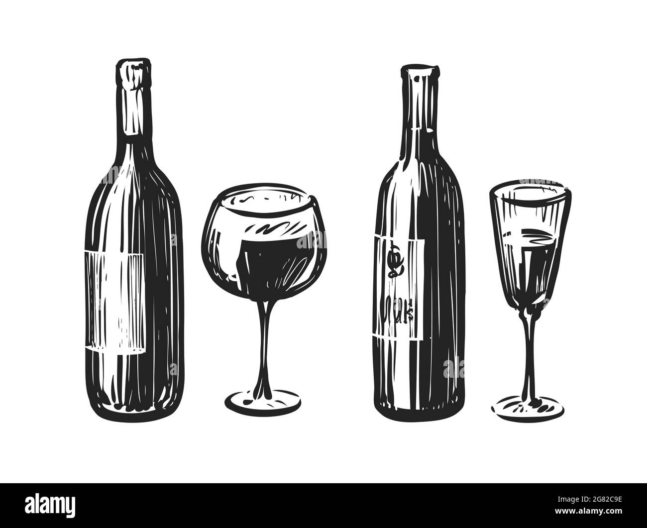 Bouteille avec un verre de vin. Illustration vectorielle d'esquisse de boissons alcoolisées Illustration de Vecteur