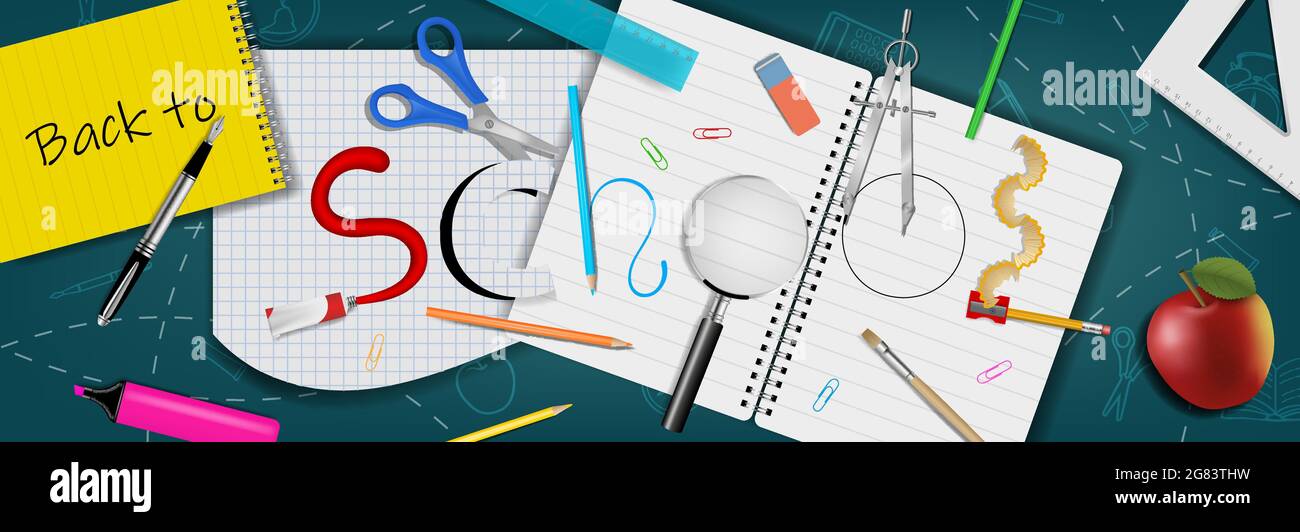 Bannière de retour à l'école avec des fournitures scolaires réalistes Illustration de Vecteur