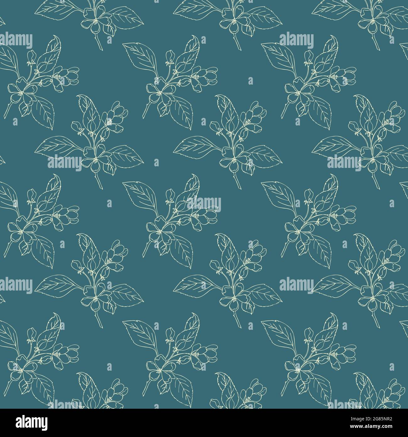 Motif sur un fond bleu branches de sakura en fleur dans un contour, gribouillage, fond sans couture. Illustration vectorielle Illustration de Vecteur