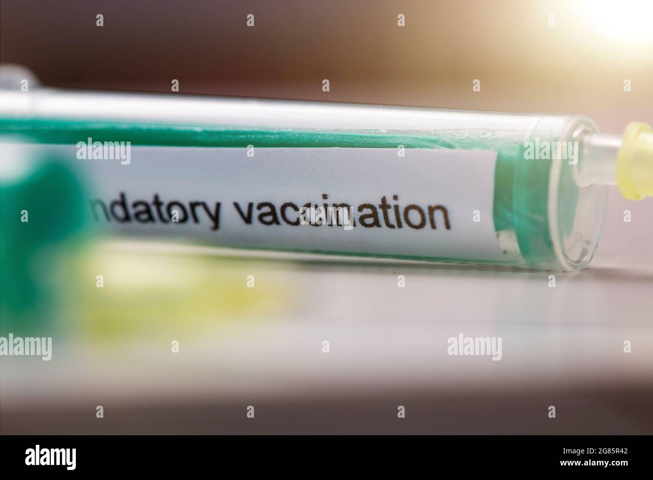 Aiguille hypodermique avec l'inscription vaccination obligatoire, image symbolique Banque D'Images