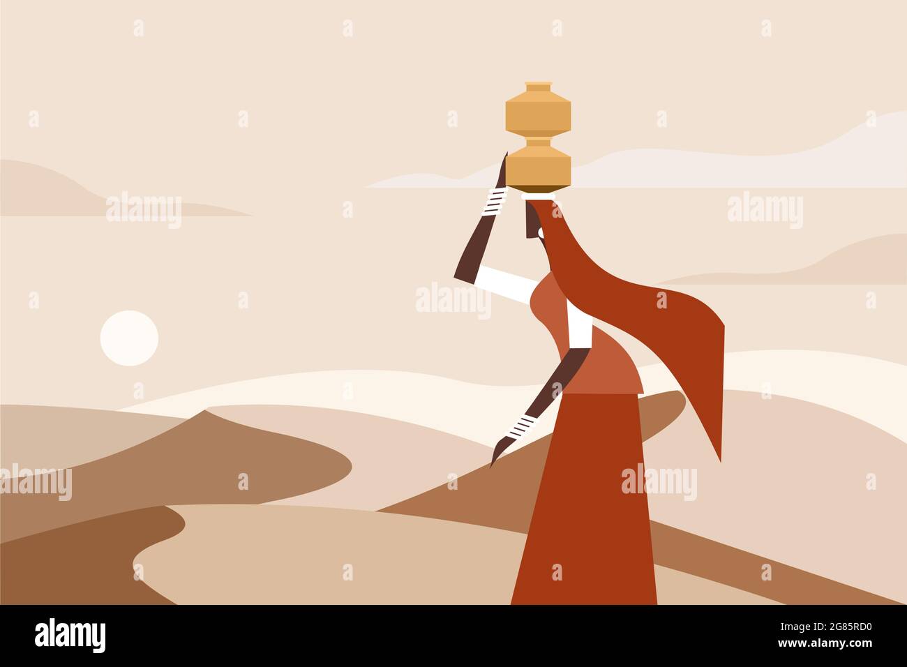 Une femme marche avec des pots d'eau sur sa tête dans un désert Illustration de Vecteur