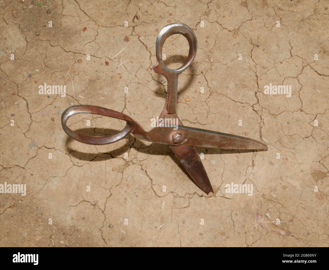 Ciseau de métal de fer présenté sur terre de sol, concept d'image d'outils agricoles. Banque D'Images