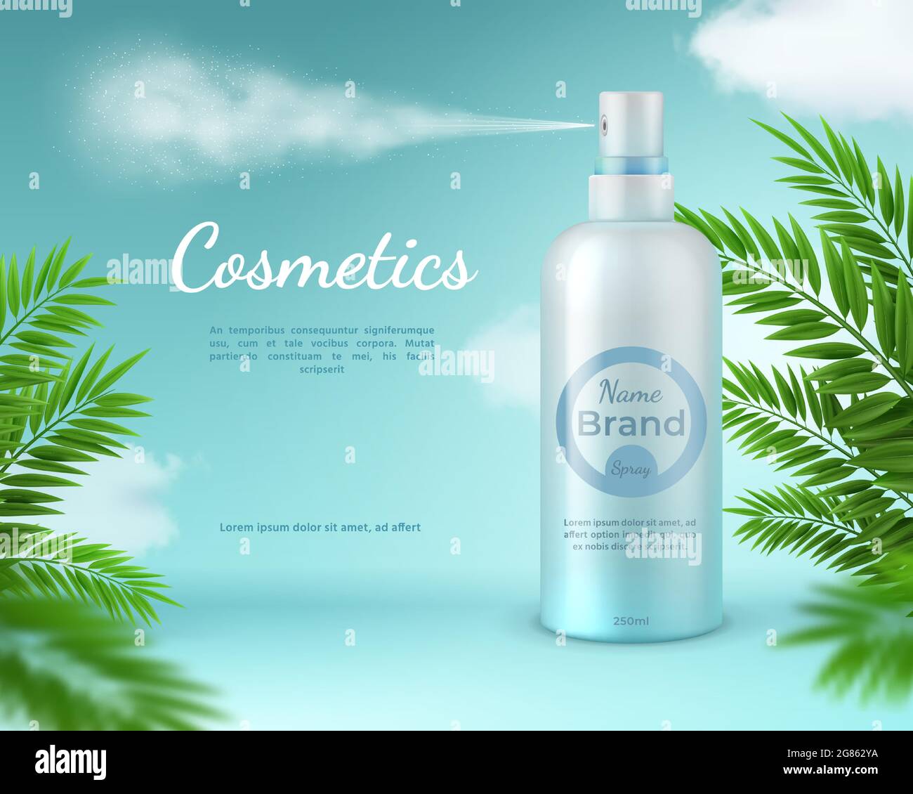 Bannière en spray cosmétique. Affiche de produit naturel de soin de la peau avec feuilles de palmier tropicales et nuages de ciel. Modèle vectoriel de bouteille de pulvérisateur 3d réaliste Illustration de Vecteur