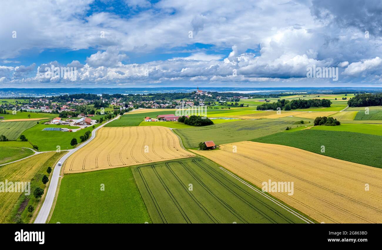 Champs et prairies près d'Andechs, Pfaffenwinkel, vue aérienne, haute-Bavière, Bavière, Allemagne, Europe Banque D'Images