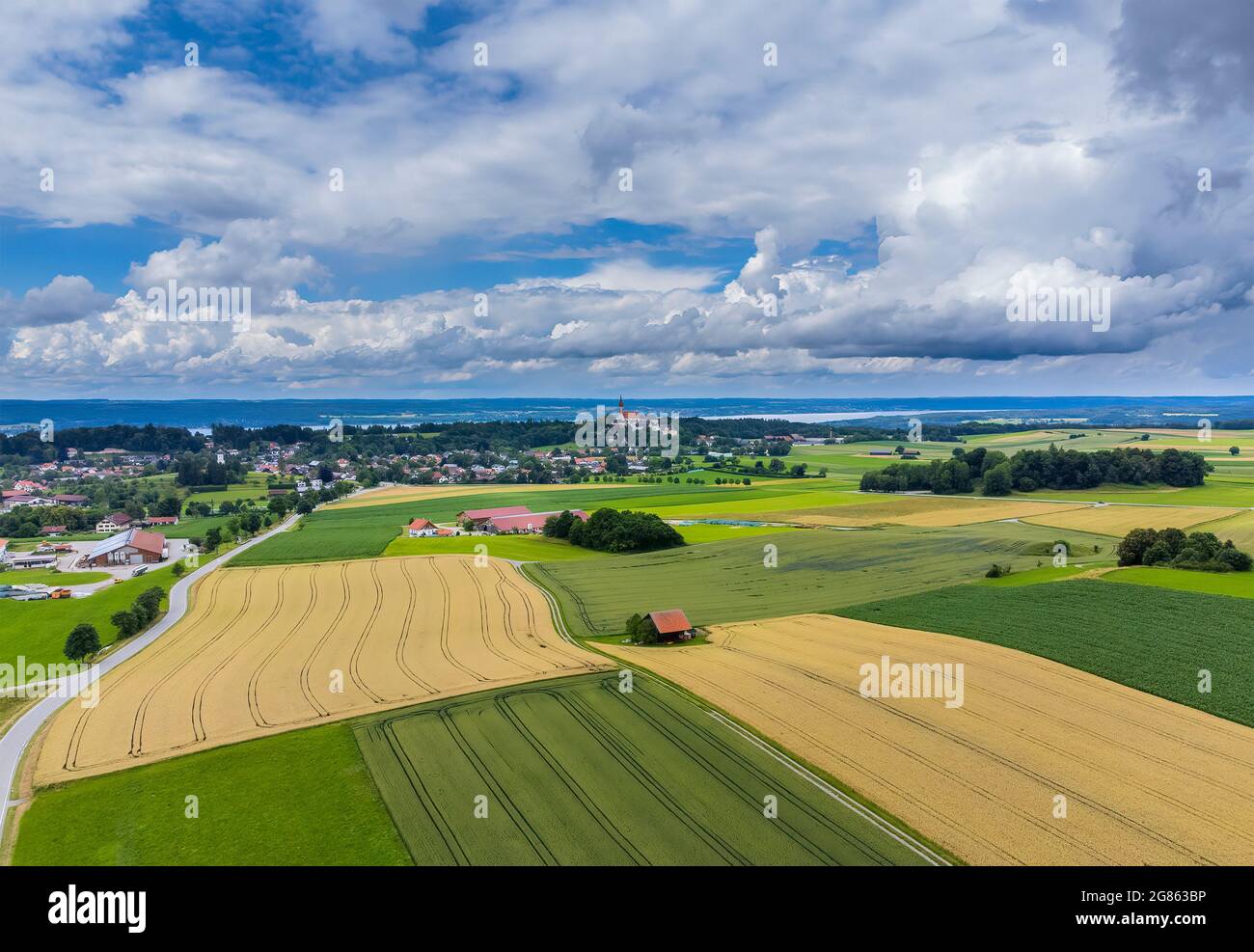 Champs et prairies près d'Andechs, Pfaffenwinkel, vue aérienne, haute-Bavière, Bavière, Allemagne, Europe Banque D'Images