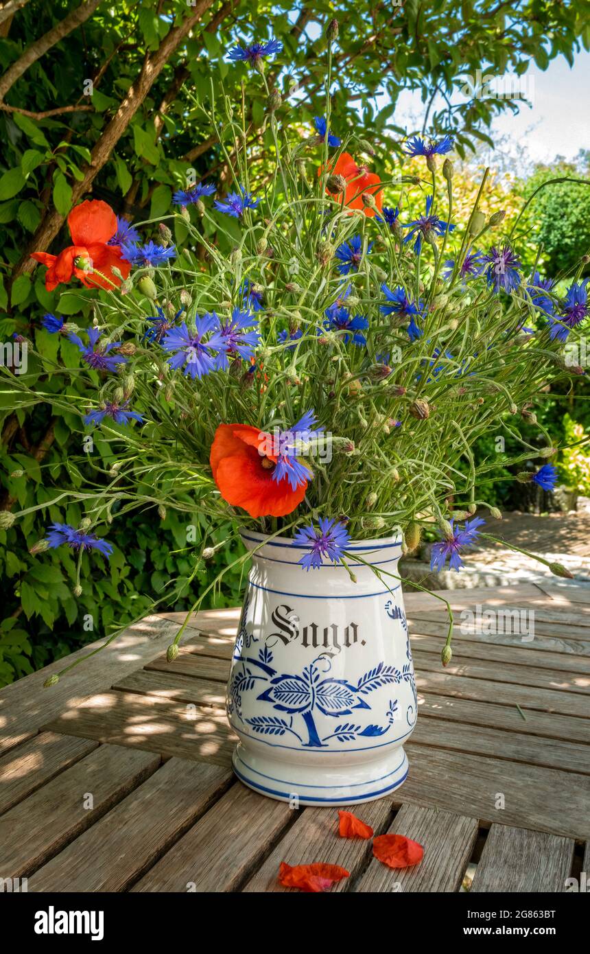 Bouquet nostalgique avec des coquelicots de maïs (Papaver rhoeas) et des fleurs de maïs (Centaurea cyanus) dans un vase ancien, Bavière, Allemagne, Europe Banque D'Images