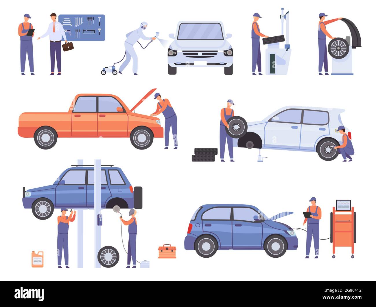 Les travailleurs du service de réparation automobile. Un mécanicien dans un atelier automobile doit changer les roues et réparer les dommages au véhicule. Kit de vecteur de centre d'entretien de voitures Illustration de Vecteur