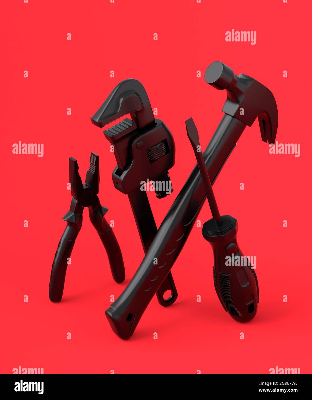 Vue isométrique des outils de construction monochromes pour la réparation et l'installation sur fond rouge et noir. rendu 3d et illustration du service bann Banque D'Images Vue isométrique des outils de construction monochromes pour la réparation et l'installation sur fond rouge et noir. rendu 3d et illustration du service bann Banque D'Images