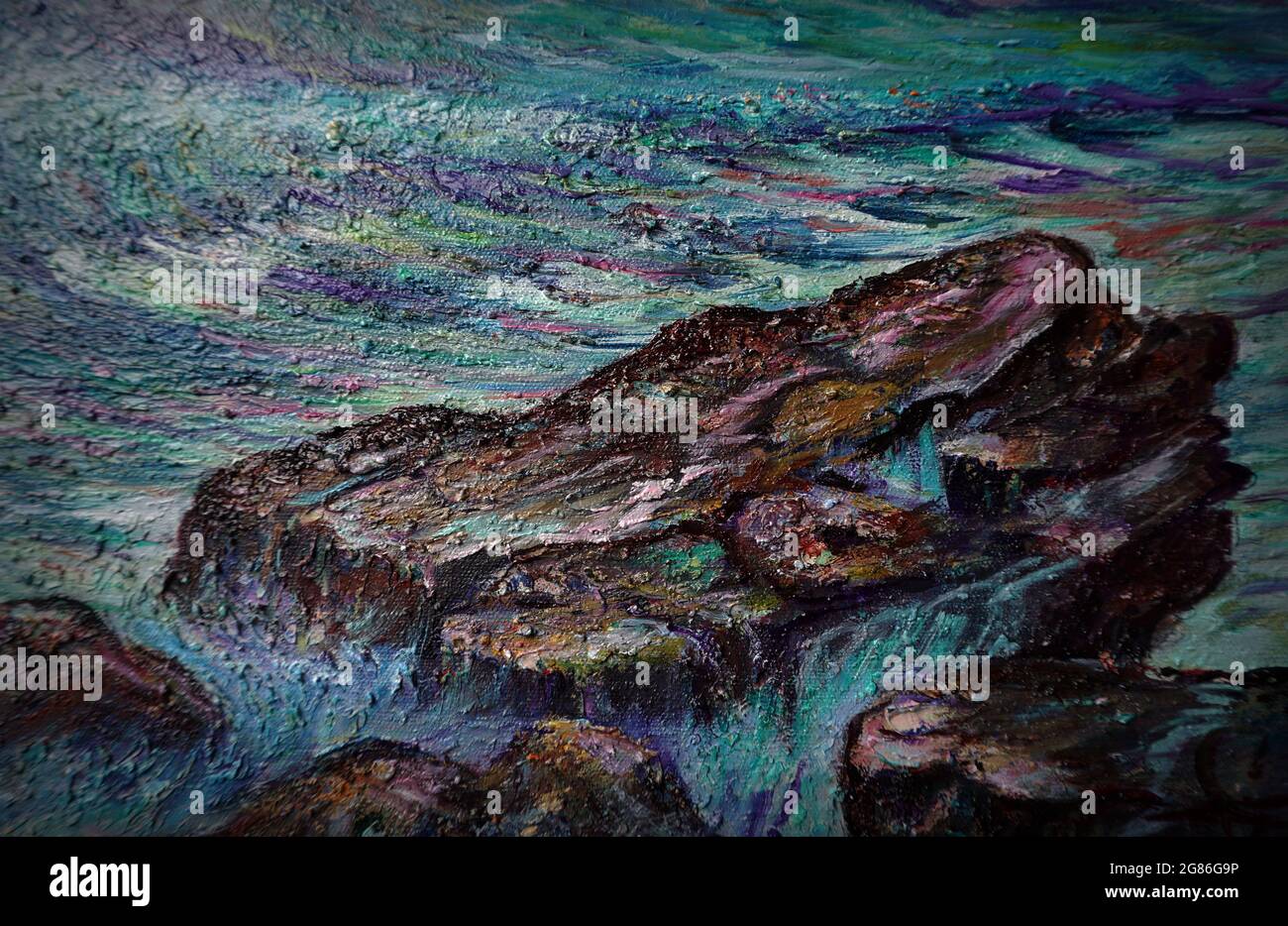 Peinture d'art huile dessinée à la main couleur mer vague bateau oiseaux , côte , paysage marin , mer , plage ,vague , vue , mer , littoral , baie Banque D'Images