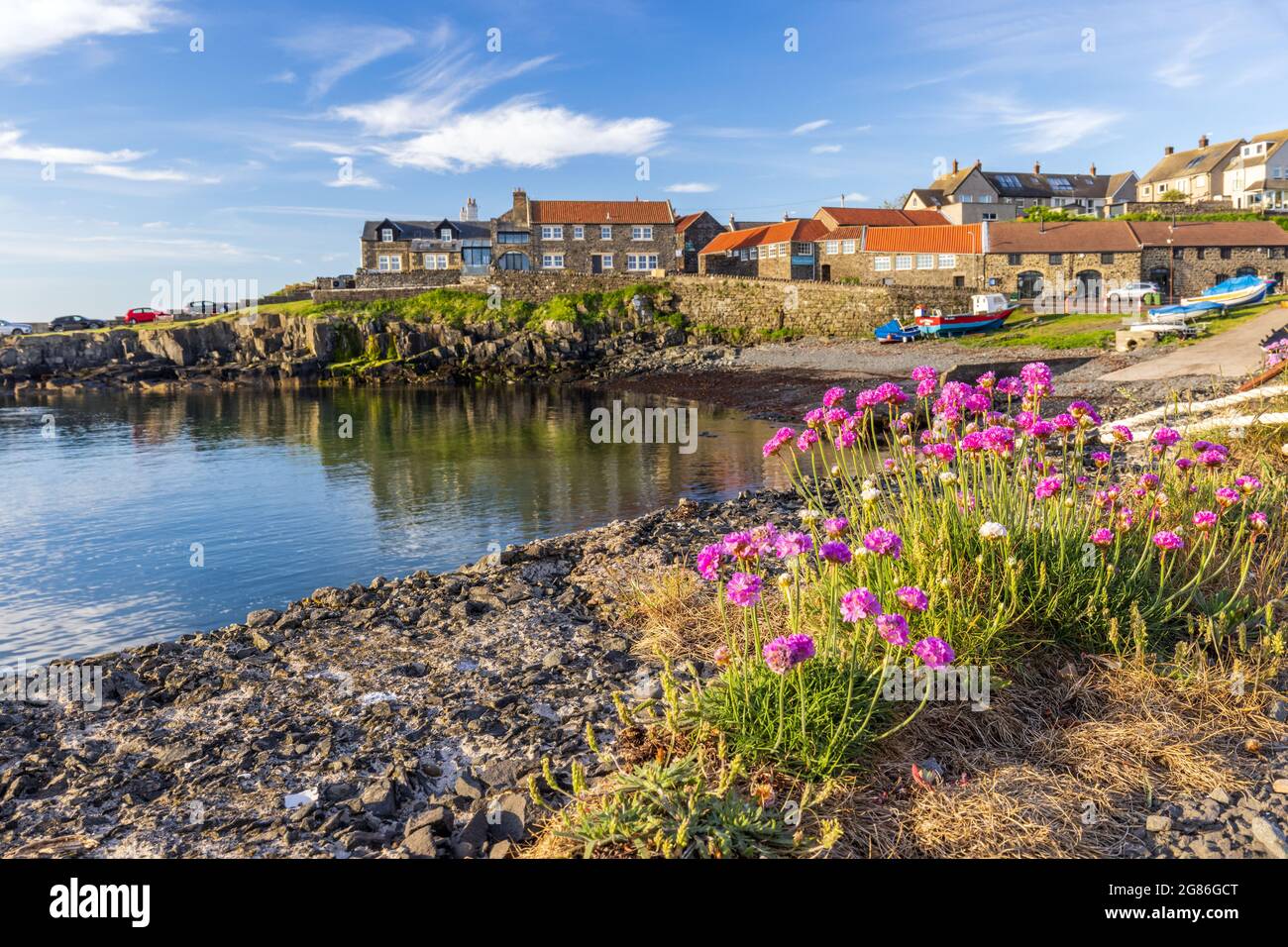 Le petit village de pêcheurs de Craster, avec son port pittoresque, sur la côte de Northumberland, Angleterre, Royaume-Uni Banque D'Images