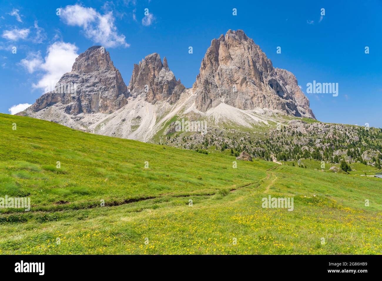 Célèbre sommet de la montagne Sassolungo dans les Dolomites de Val Gardena, au-dessus de Selva Wolkenstein Banque D'Images