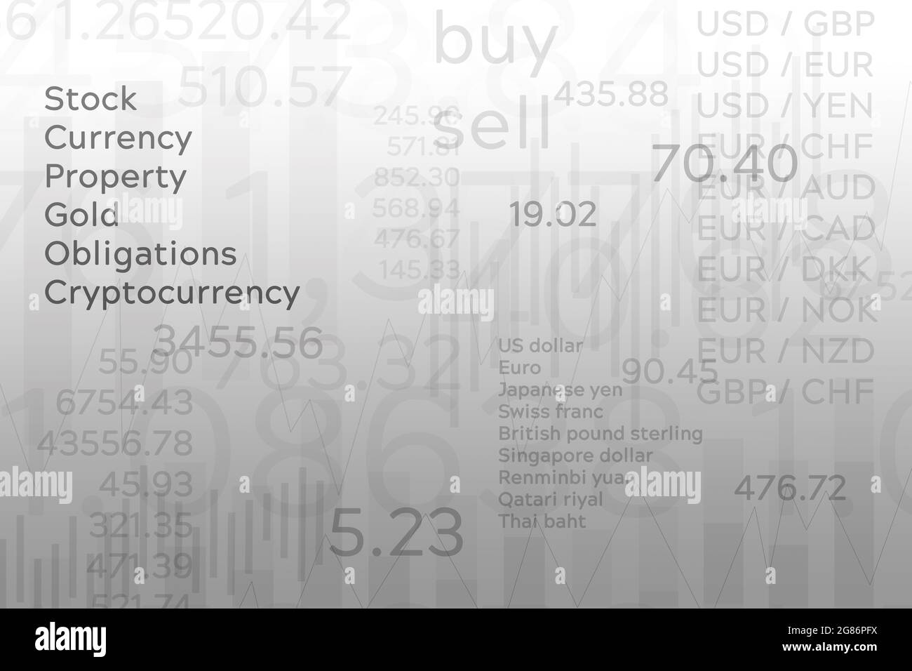 Investissement, bourse, monnaie et négociation financière. Graphiques, données, prix. Banque D'Images