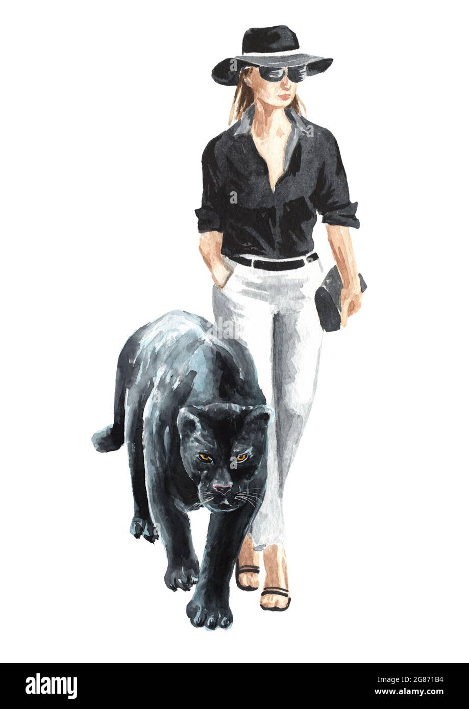 Jeune fille et panthère noire ou jaguar. Aquarelle illustration dessinée à  la main isolée sur fond blanc Photo Stock - Alamy