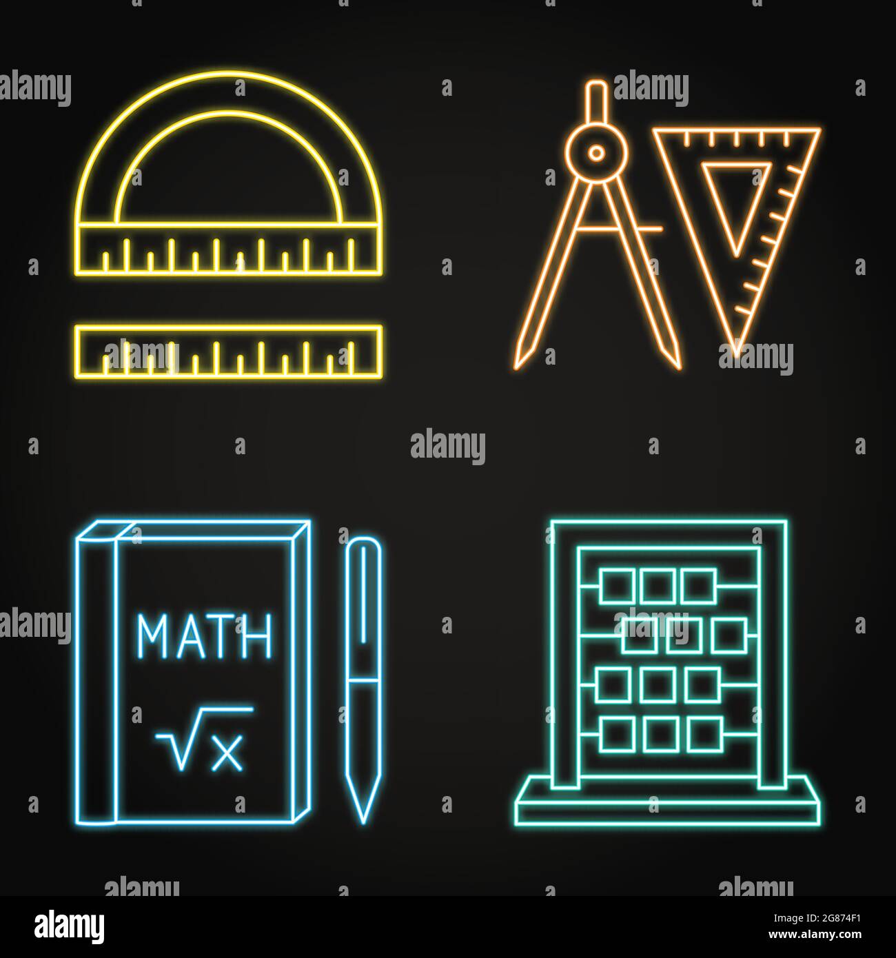Les icônes des instruments mathématiques au néon sont de style ligne. Rapporteur et règle, boussoles et carré, livre de théorie et abacus. Illustration vectorielle. Illustration de Vecteur