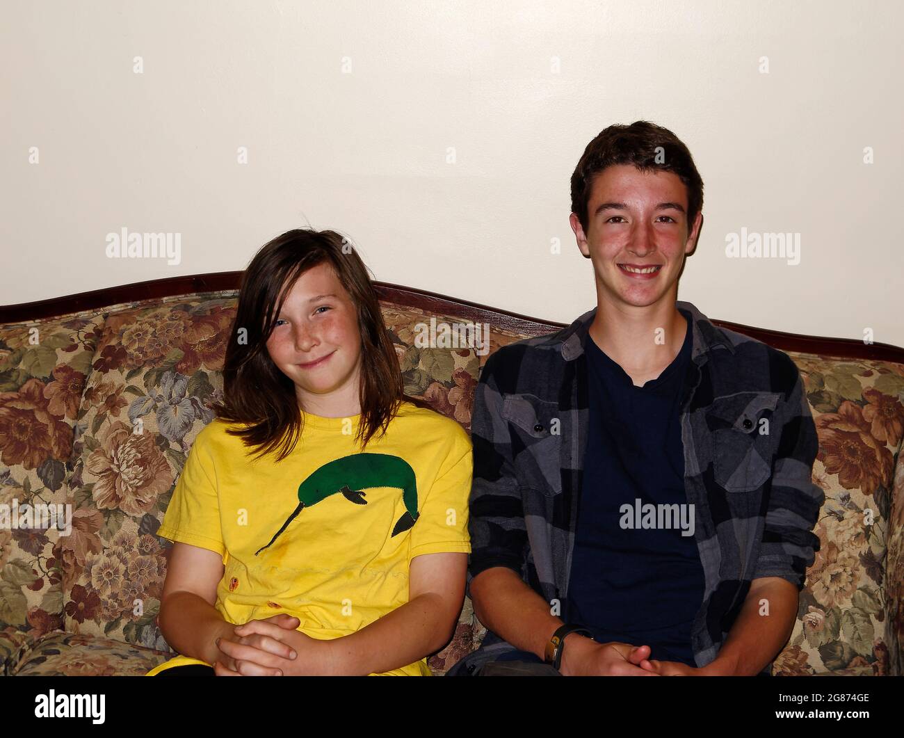 2 garçons; portrait informel; adolescent; acné légère, chemise à carreaux; pré-adolescent ; t-shirt avec applique narval ; cousins ; famille ; heureux ; sourire ; Espace mort, MR Banque D'Images