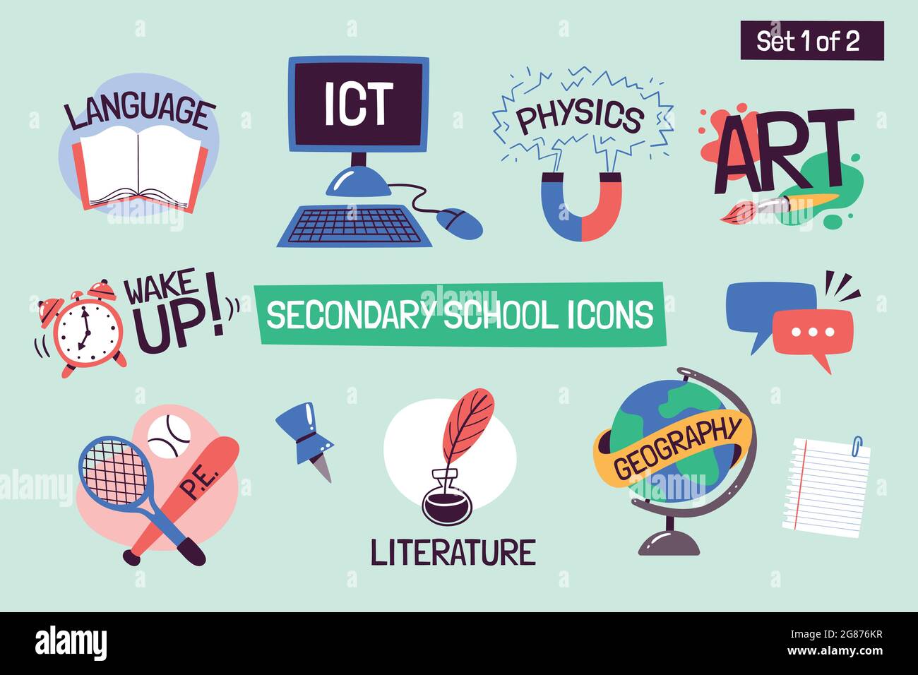 L'école matières icônes éducatives. Étiquettes vectorielles dessinées à la main avec des sujets de l'école secondaire. Idéal pour les horaires, les sites Web, les applications scolaires, sticker des Illustration de Vecteur