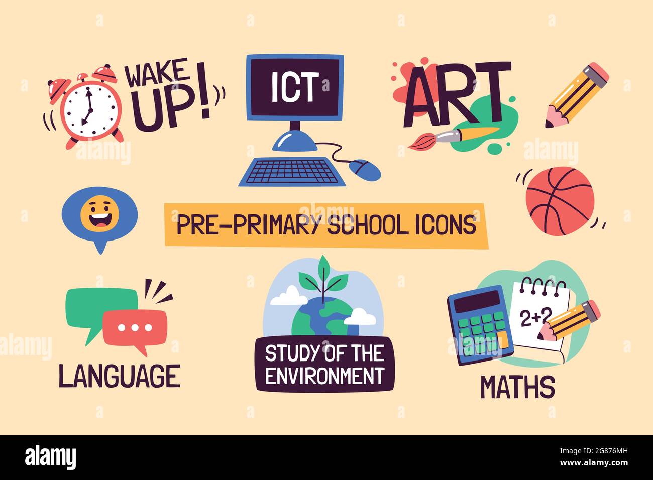L'école matières icônes éducatives. Étiquettes vectorielles dessinées à la main avec des sujets d'âge préscolaire. Idéal pour les horaires, les sites Web, les applications scolaires, la conception d'autocollants, etc Illustration de Vecteur
