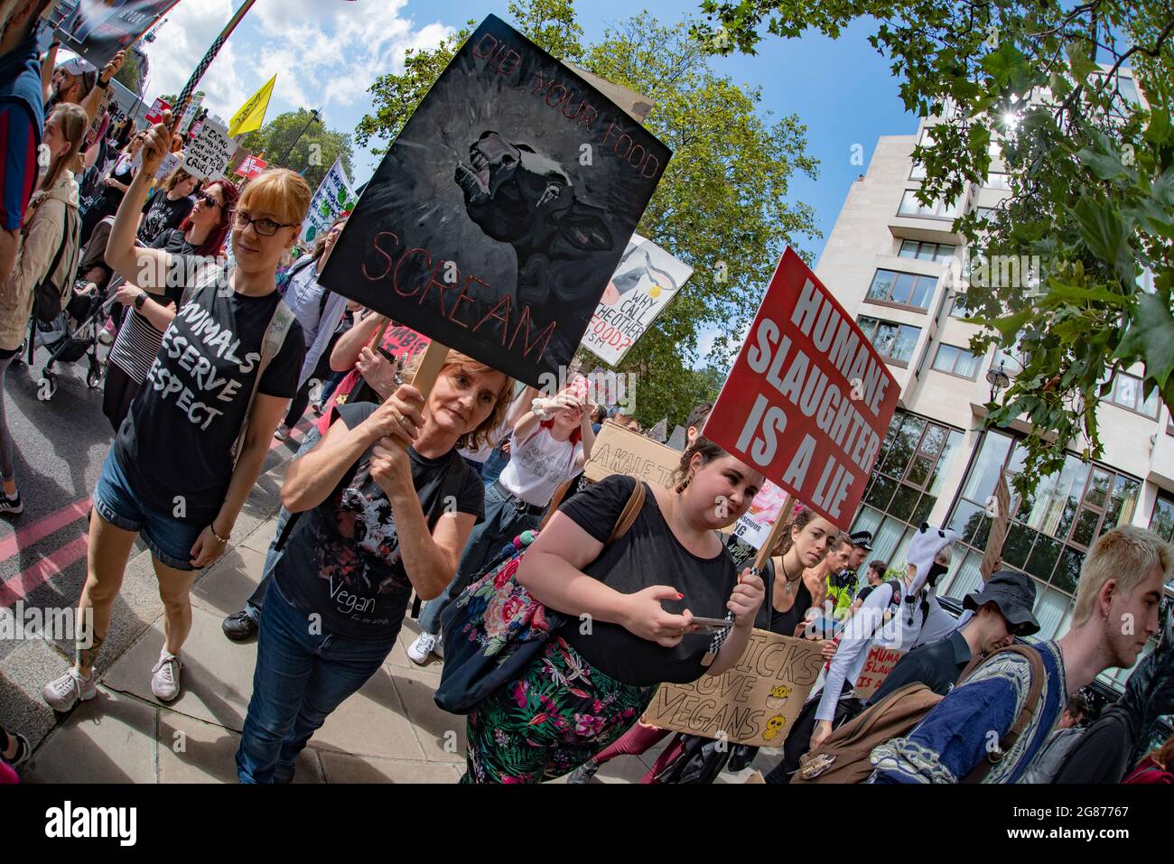 Les droits officiels des animaux Mars Londres 2019. Des militants défilent dans la capitale du Royaume-Uni le 17 août 2019. L'abattage humain est UN mensonge. Banque D'Images