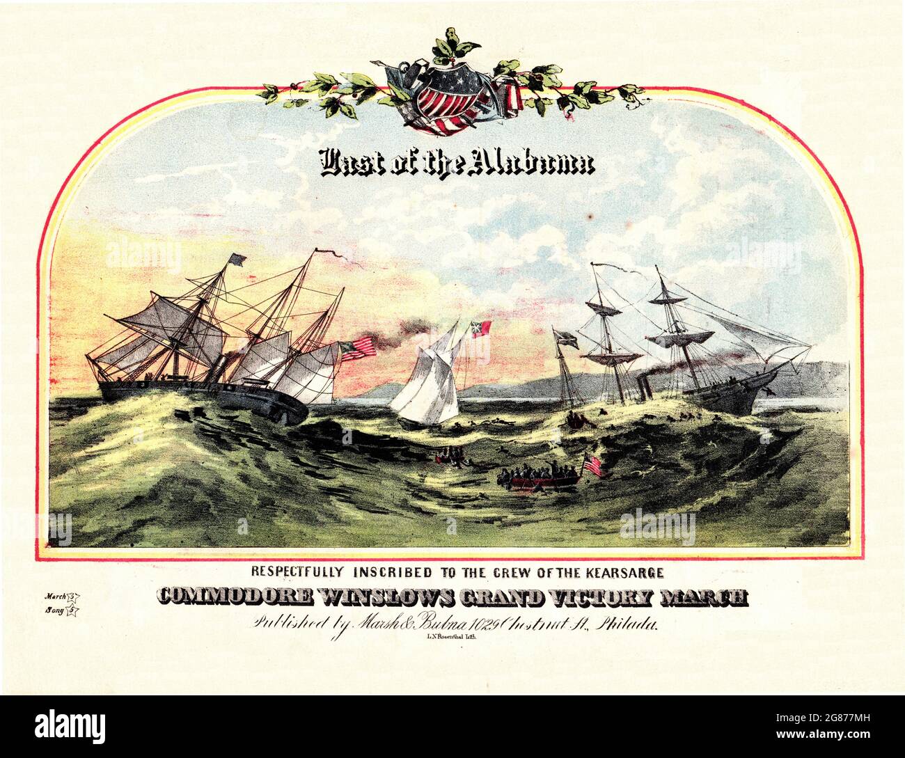 Dernier de l'Alabama, 1864 feuilles de musique lithographiées en couleur de la scène de bataille entre le navire confédéré Alabama et le navire Union Kearsarge. Banque D'Images