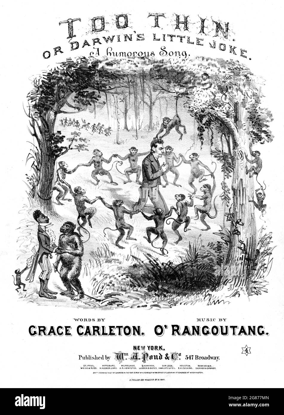 Trop mince, ou la petite blague de Darwin. 1874 partitions lithographiées. Caricature de singes et d'un homme afro-américain. Ridiculiser la théorie de l'évolution. Banque D'Images