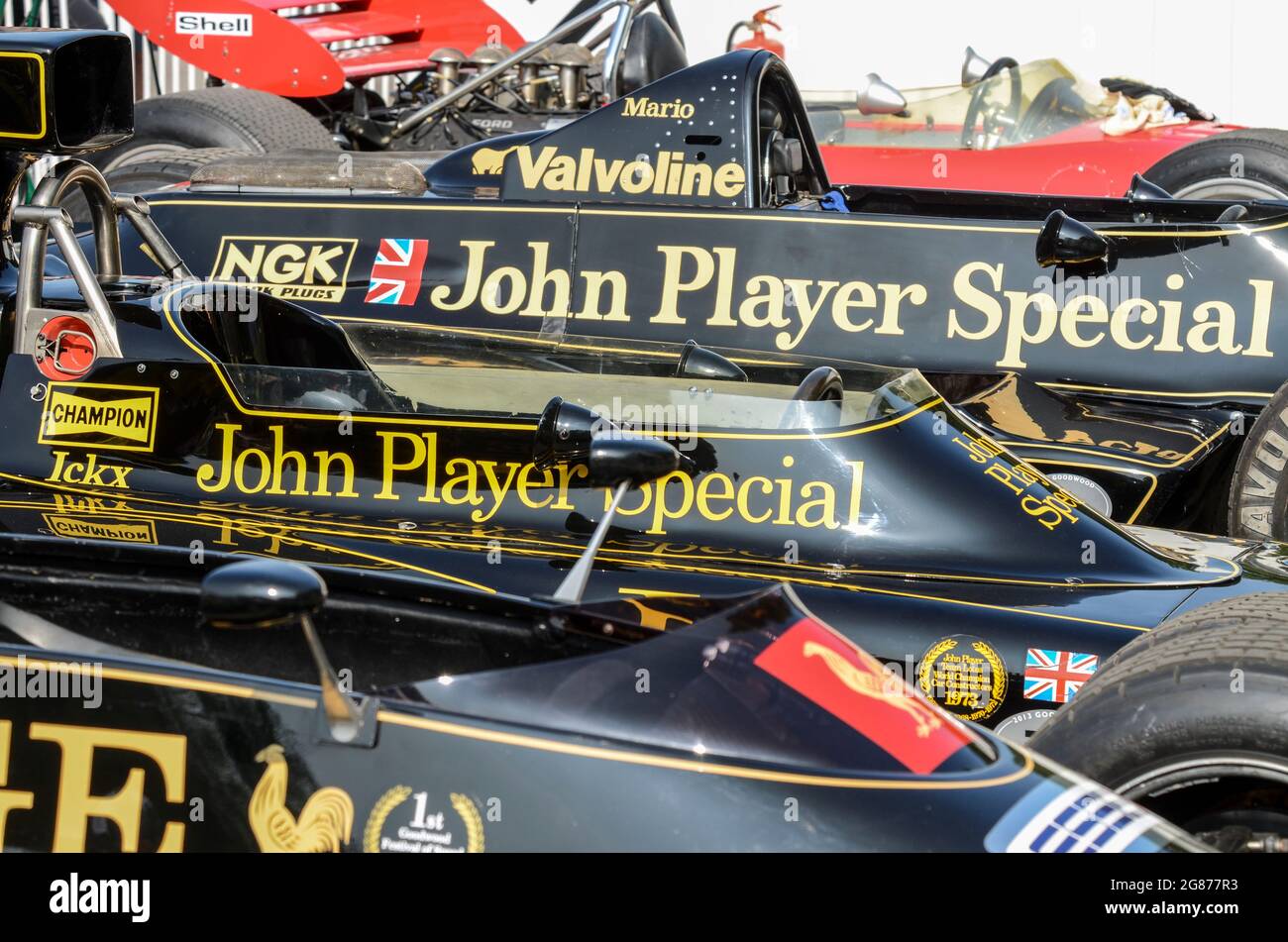 Collection de voitures de course Grand Prix spécial de Formule 1 de Lotus John Player au Goodwood Festival of Speed 2013 Banque D'Images
