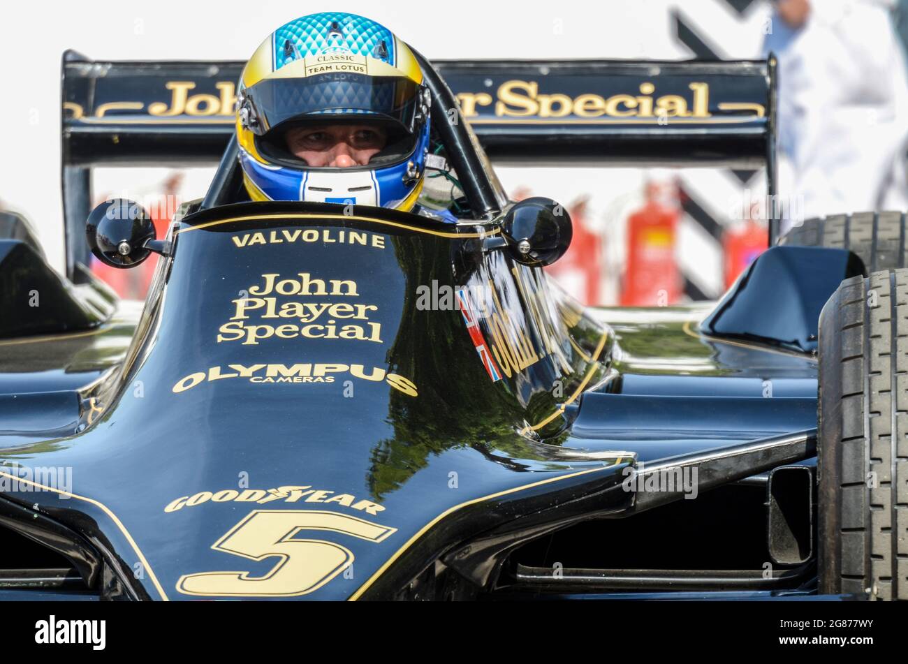 Lotus 79 Formule 1, Grand Prix, voiture de course au Goodwood Festival of Speed 2013. Classic John Player Special 1970s, voiture de course vintage noire et or F1 Banque D'Images