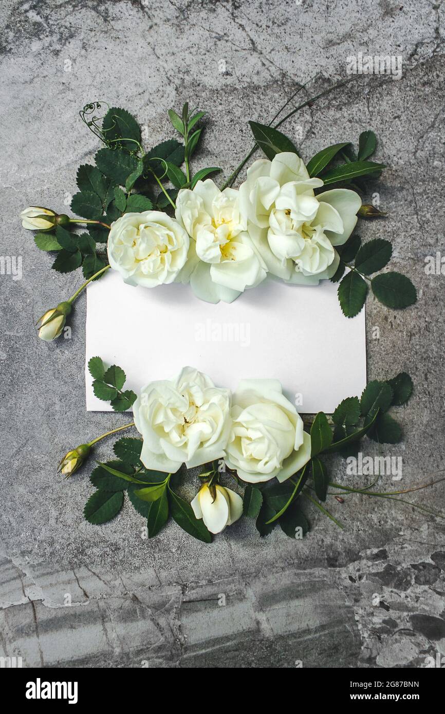 Carte de vœux blanche vierge avec bouquet de fleurs roses blanches, cadre floral. Accueil créatif. Belles fleurs et carte vierge. Invitation à un mariage romantique Banque D'Images