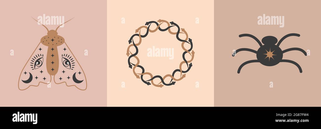 Ensemble de symboles ésotériques, alchimie et sorcellerie. Magie céleste illustration des icônes et symboles du soleil, de la lune, des cristaux, de l'œil méchant, des mains sorcières Illustration de Vecteur