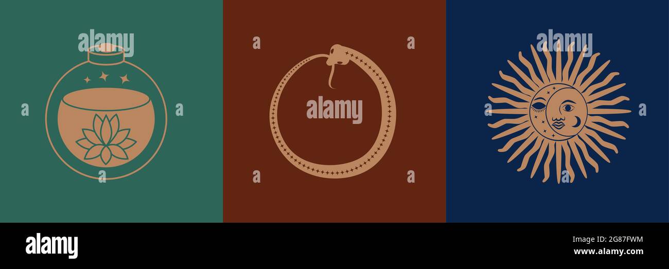 Ensemble de symboles ésotériques, alchimie et sorcellerie. Magie céleste illustration des icônes et symboles du soleil, de la lune, des cristaux, de l'œil méchant, des mains sorcières Illustration de Vecteur