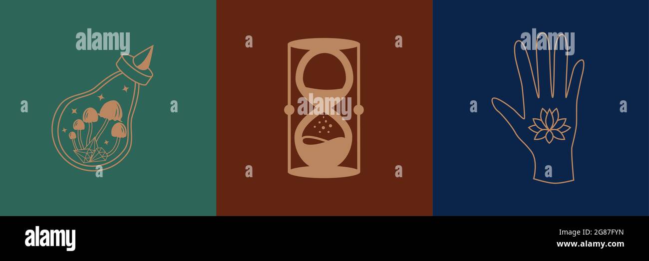 Ensemble de symboles ésotériques, alchimie et sorcellerie. Magie céleste illustration des icônes et symboles du soleil, de la lune, des cristaux, de l'œil méchant, des mains sorcières Illustration de Vecteur