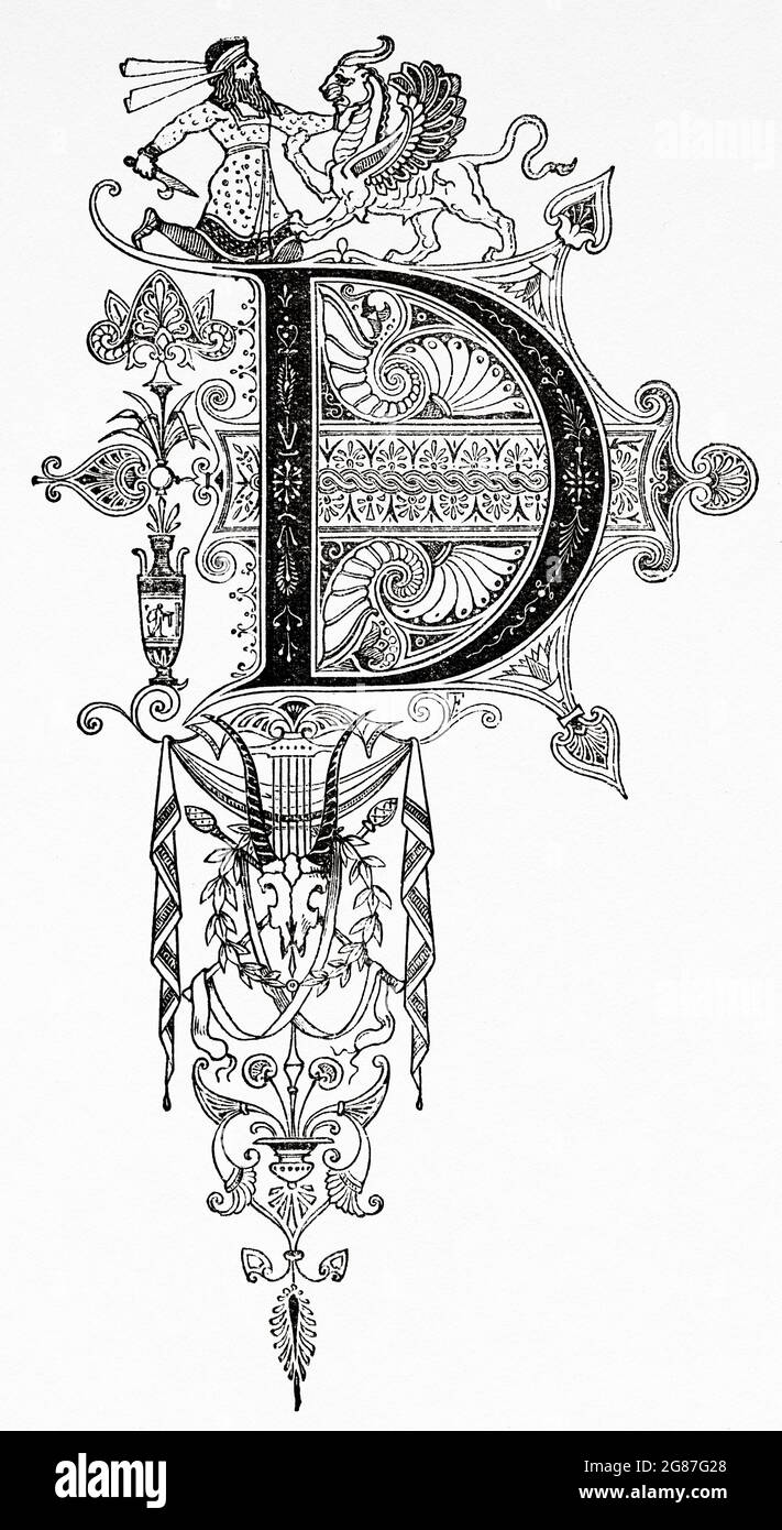 Police de conception calligraphique. Lettre initiale D. ancien XIXe siècle illustration gravée d'El Mundo Ilustrado 1880 Banque D'Images