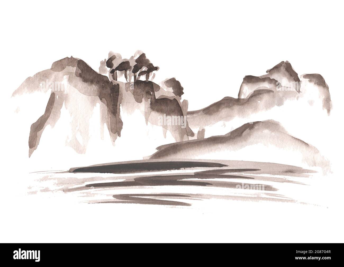 Montagnes et rivière ou mer, cuisine asiatique chinoise et japonaise de style oriental. Illustration aquarelle dessinée à la main, isolée sur fond blanc Banque D'Images
